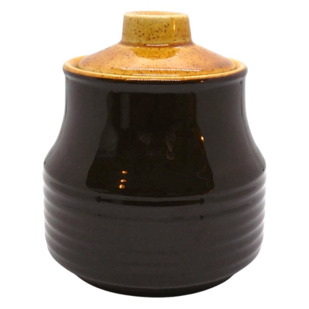 Homer Laughlin Hearthside Ribbed Brown Glade Sugar Bowl w/Gold Speckled Lid T15